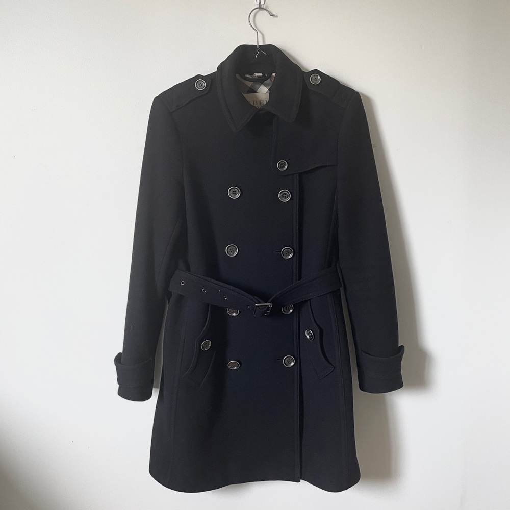 BURBERRY BRIT Luxury Wool Black Cashmere Trench Coat Jacket Structural Carcoat - Picture 2 of 16